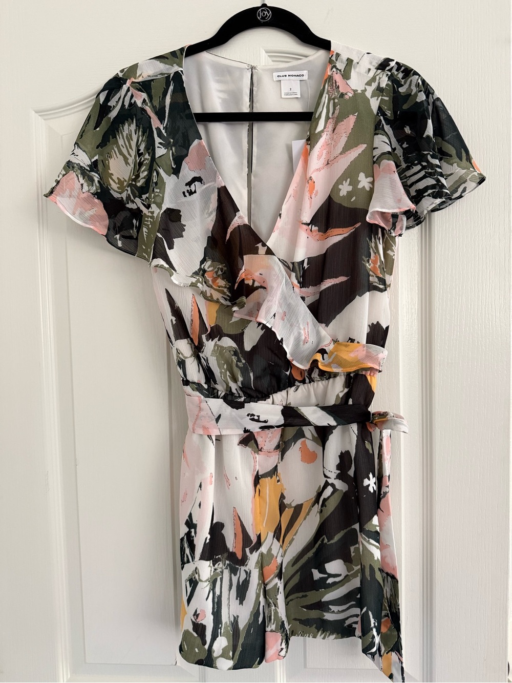 Club Monaco Abstract Floral Romper in Olive, Pink & Mustard with fabric belt.